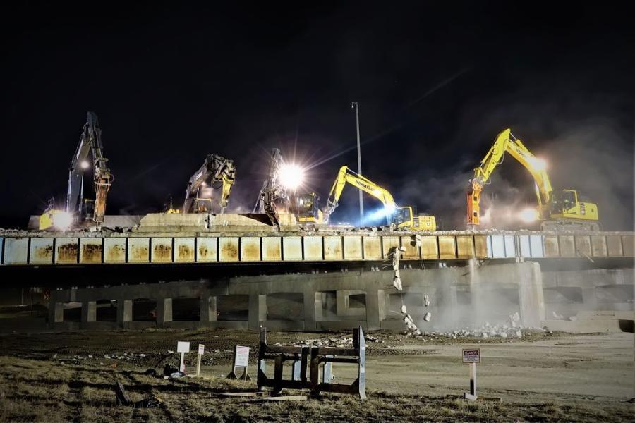 The majority of the bridge work is being done by day, but some night work is required for demolition and steel beam placement.
