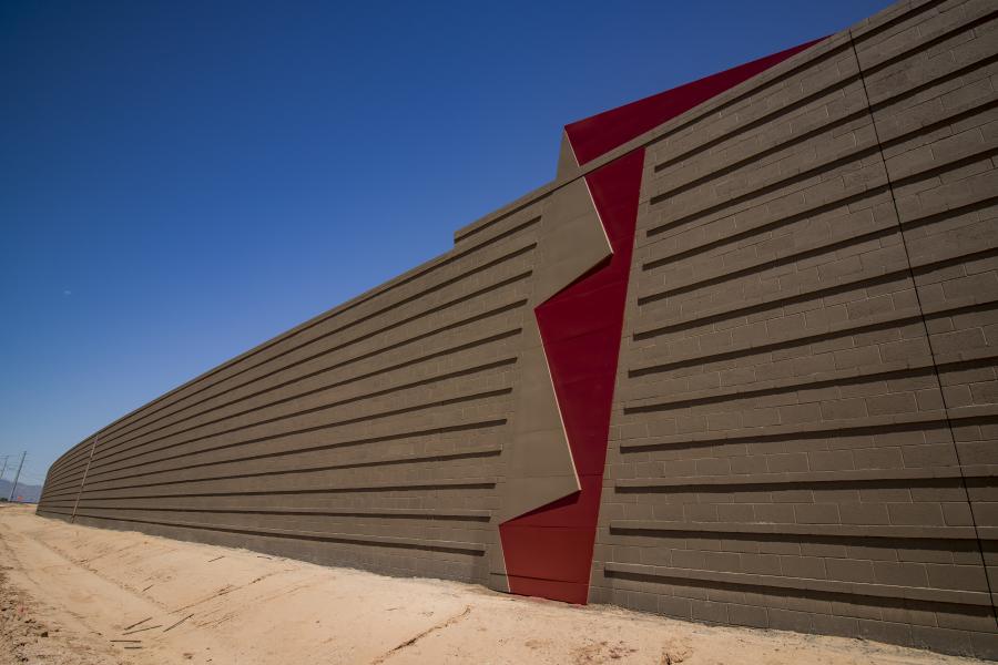 Standing at intervals atop the sound wall between 40th and 48th streets, these custom-designed panels resembling fins are decorative accents inspired by some of modern architect Frank Lloyd Wright’s early work in Arizona. (ADOT Photo)