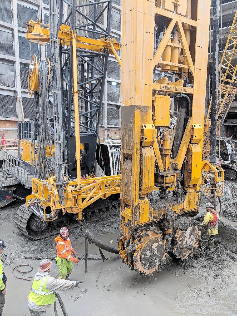 HUB Foundation Company used a BAUER MC 96 duty-cycle crane with a BC 35 trench cutter to install a slurry wall and LBEs at Bullfinch Crossing in Boston.
