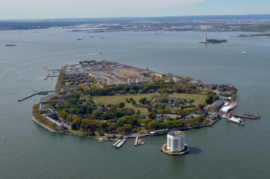 An aerial view of Governors Island, with the historic district in the foreground and new park and public spaces beyond.
(Governor’s Island/Carlo Buscemi Imagery photo)