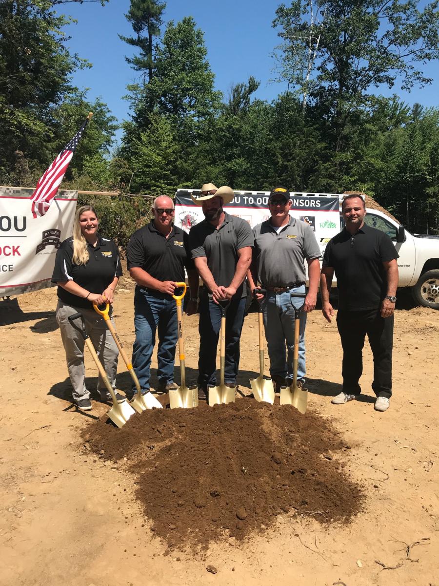 Groundbreaking for U.S. Army Sgt. Tom Block was on July 10, 2018, at 93 Walnut Hill Road in Derry, N.H. (L-R) are Ashley Hartson and Craig Cypret, both of T-Quip; Tom Block; Mike McManamon of T-Quip; and Alex Karalexis, executive director of Jared Allen’s Homes for Wounded Warriors.