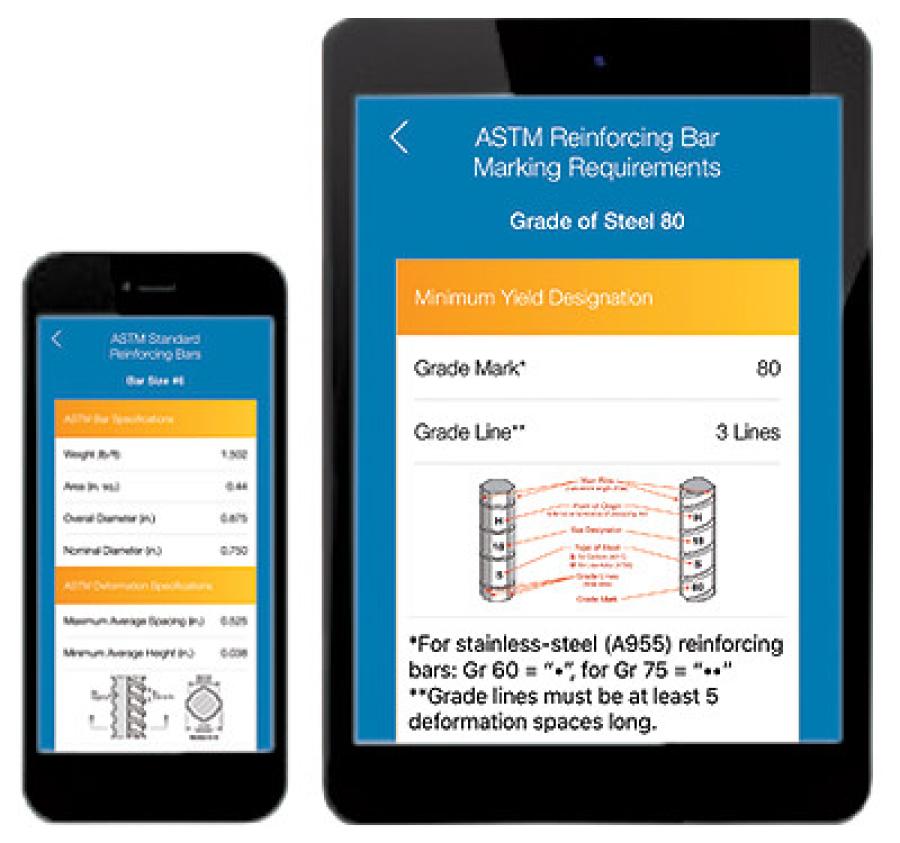 The Rebar Reference mobile app is available in the Apple App Store and Google Play Store for iOS and Android devices.