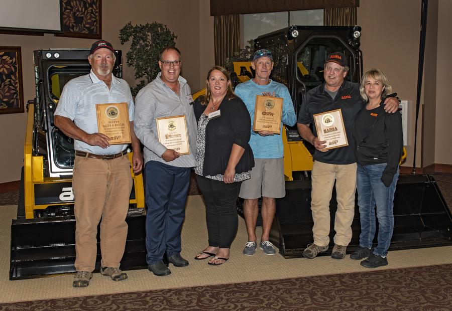 Winners of ASV Holdings Inc.’s 2018 dealer awards pose for a photo at ASV’s annual dealer meeting. The company recently announced recipients of the awards, which honored top-performing and loyal members of its growing list of dealers. (L-R) are: Russ Rydberg, Duffy’s Sales & Rental; John Hepburn, Regional Tractor Sales; Kellie Hepburn, Regional Tractor Sales; Derrick Landsverk, CSTK; Barry Fenton, Barda Equipment; Penny Batt, Barda Equipment. (ASV photo)