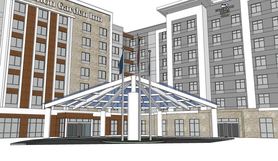 Rendering of the 240-key Homewood Suites and Hilton Garden Inn to be built in Easton, Ohio.
