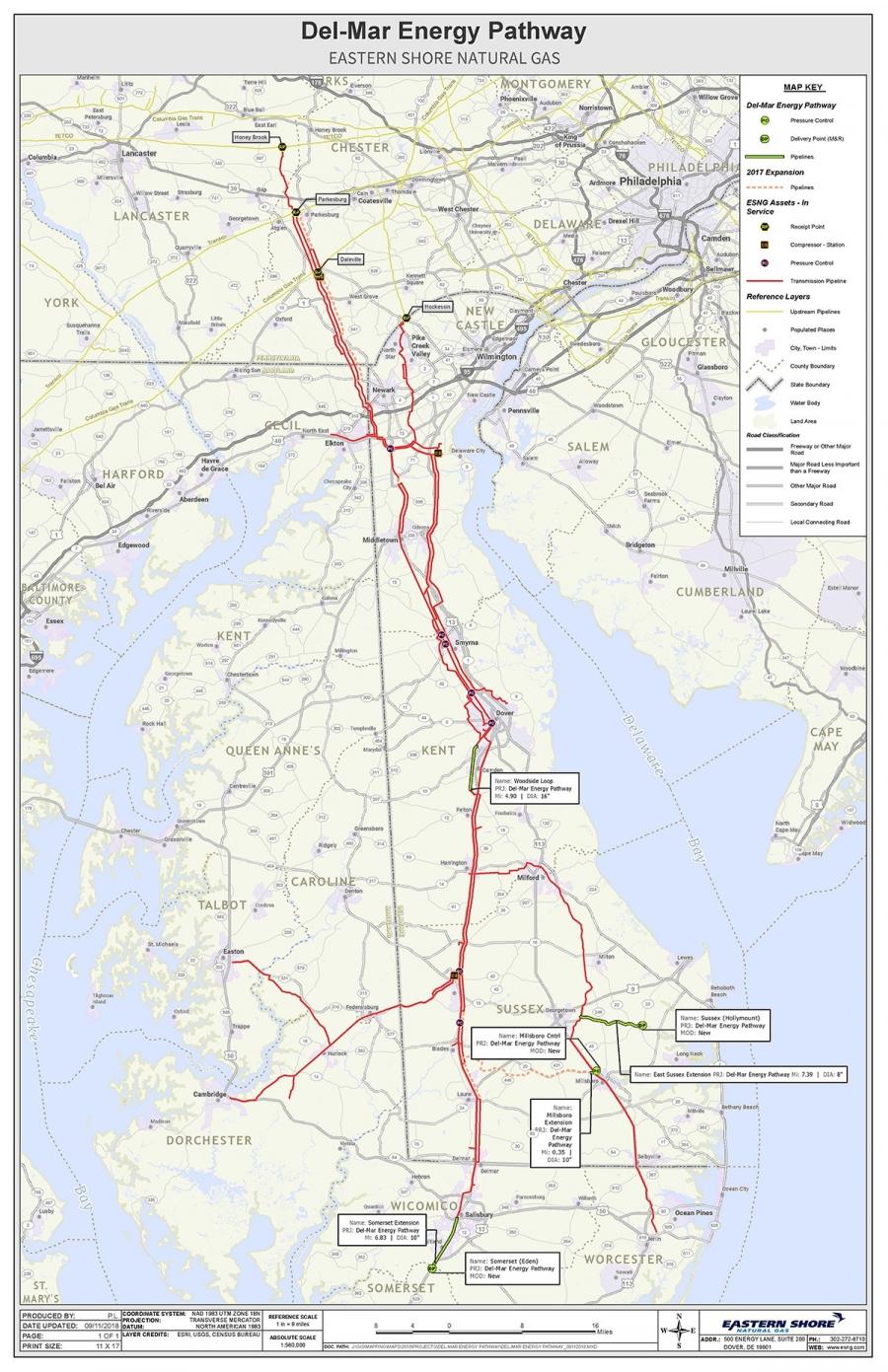 The construction and operation of the new natural gas pipeline and related facilities will provide approximately 11.8 million cu. ft. per day of additional natural gas from transportation service and 2.5 million cu. ft. of off-peak transportation service to Chesapeake Utilities’ natural gas distribution subsidiaries on the Delmarva Peninsula and one industrial customer.