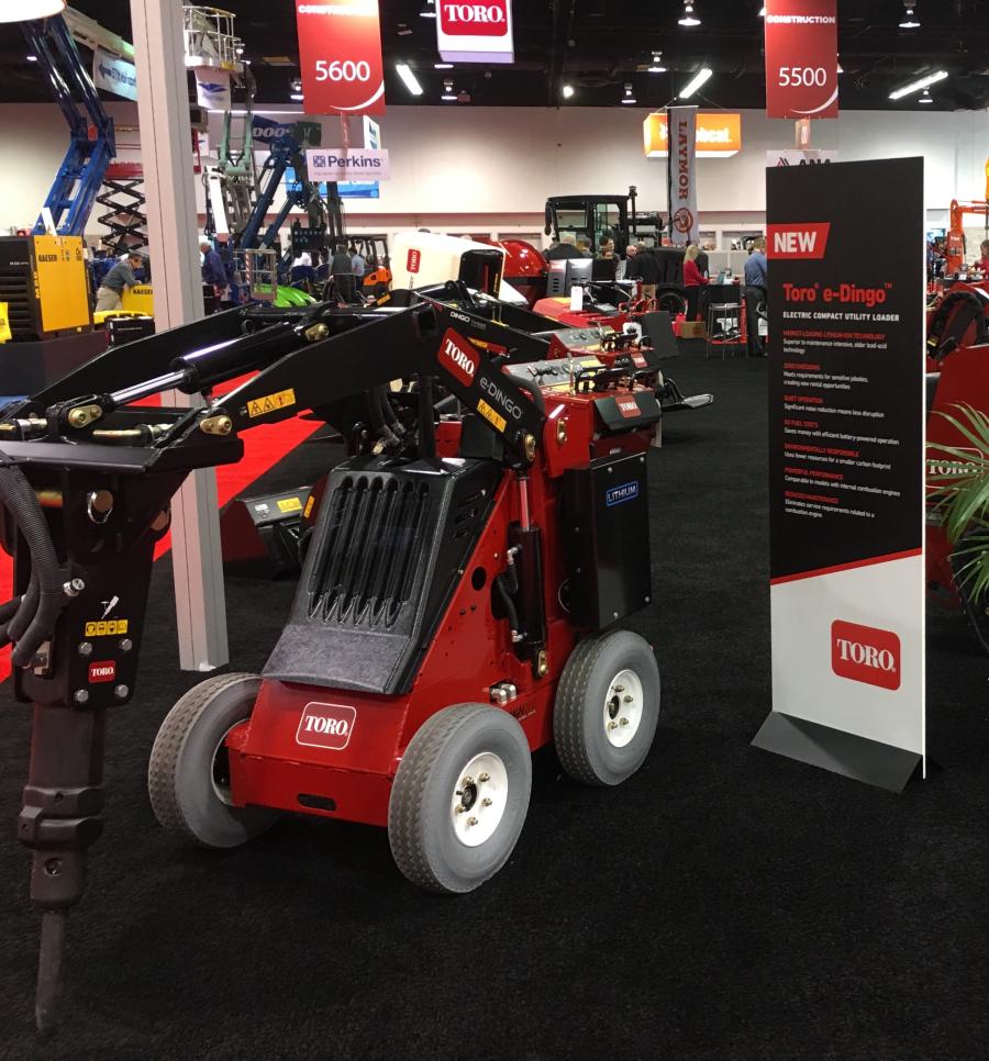 Visitors to the Toro booth got a sneak peek of a battery-powered Dingo compact utility loader, the Toro e-Dingo.