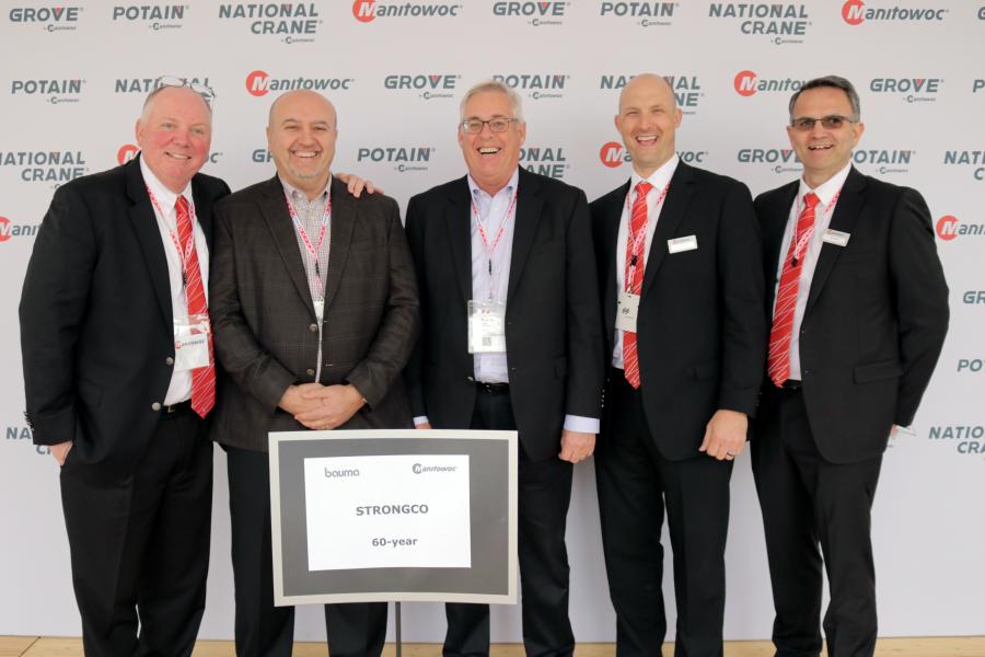 (L-R): Dave Hull, vice president of sales, Americas of Manitowoc Cranes, presented the award to Strongco's Oliver Nachevski, vice president and COO, and William Ostrander, vice president of cranes and material handling. Joining them at Manitowoc’s booth at bauma to celebrate and accept the award are Lance Rydbom and Mark Hooper, both of Manitowoc.