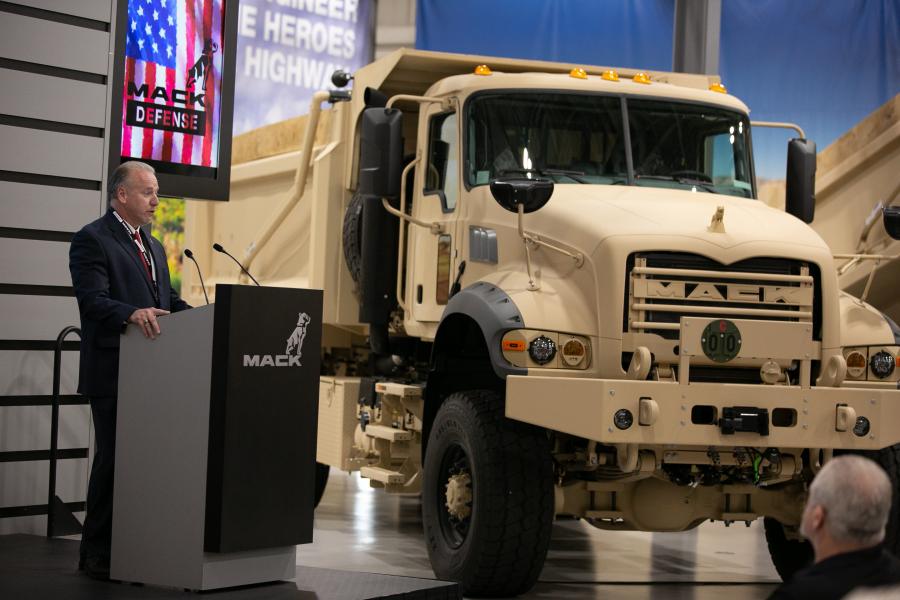Mack Defense President David Hartzell officially presented the first five Mack Granite-based M917A3 heavy dump trucks to the U.S. Army during a ceremony at the Mack Customer Center.