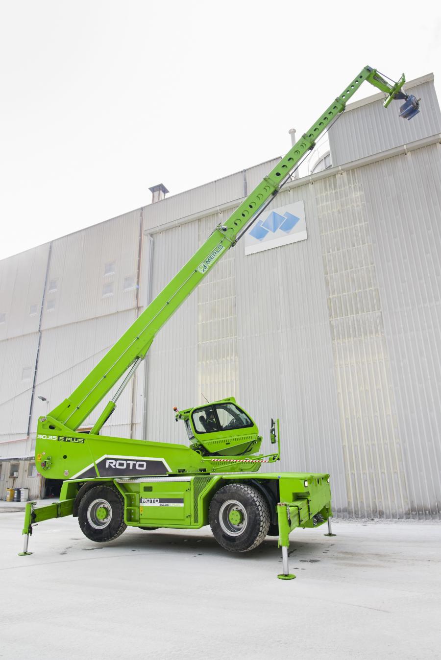 Roto50.35 S-Plus brings a newly engineered tilt cab with integrated controls, 89 ft. (27 m) reach, maximum capacity of 10,900lbs. (4,944 kg), 360-degree rotating turret, tilt cab, and a new safety system. It is offered exclusively to the U.S. market through Applied Machinery Sales and its dealers.