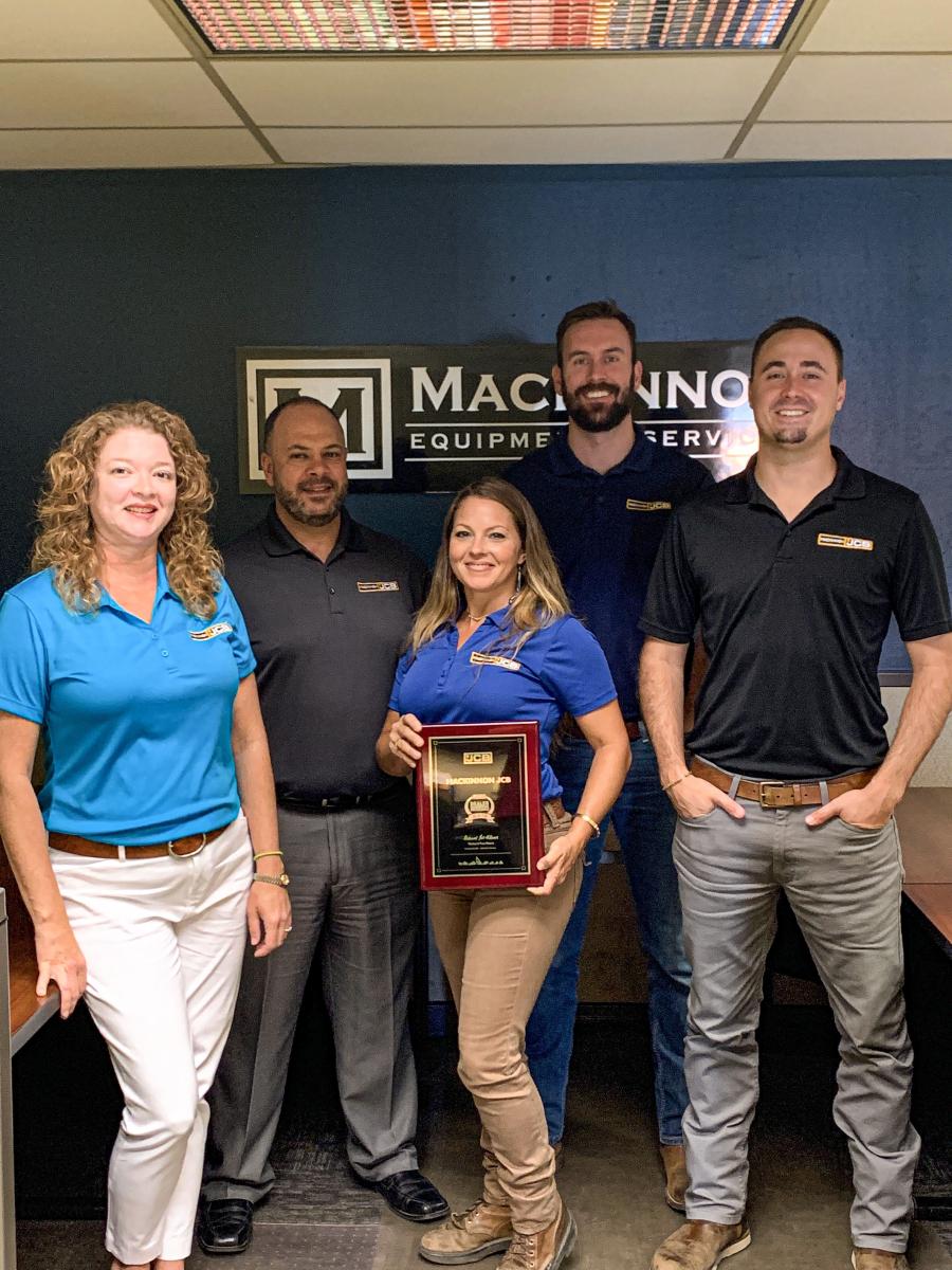 Five employees on the sales team at MacKinnon JCB were present at the manufacturer’s Tampa location to accept the Dealer of Excellence award.