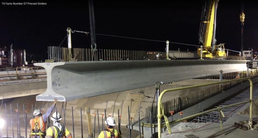 The widening of the Santa Ana River Bridge involves the use of the heaviest concrete girders that have ever been made in California. The girders are hauled in overnight, a process projected to take 10 to 12 weeks.
(Riverside County Transportation Commission photo)