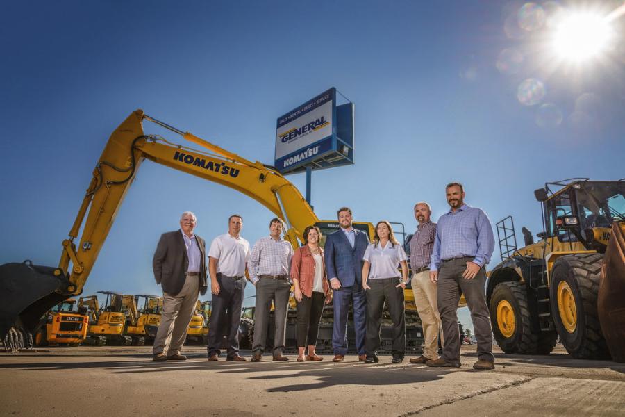 General Equipment & Supplies’ current executive team (L-R) are Don Shilling, chairman of the board; Steve Berdan, vice president of parts; Matt Kern, vice president of rolling stock sales; Sara Frith, vice president of customer relations; Jon Shilling, president and CEO; Tanya Groft, vice president of finance; Steve Stafki, vice president of service; and Don Kern, vice president of aggregate sales.