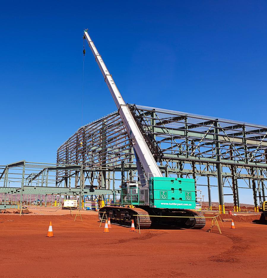 Tutt-Bryant Heavy Lift & Shift lifts structural steel with its Link-Belt 140-ton (127-t) TCC-1400 telescopic crawler crane.