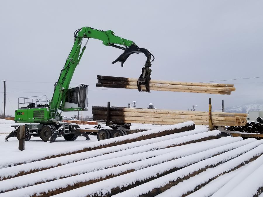 Stella-Jones has learned to rely on the 830 M-T log handler in this Galloway pole facility all of the yard’s loading operations through two non-stop shifts every day.