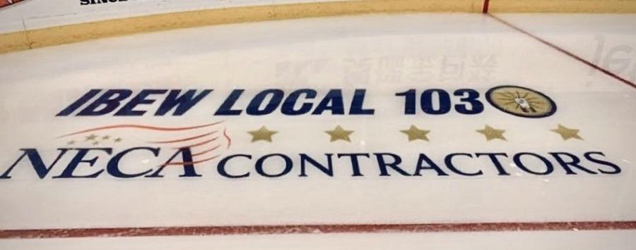 The IBEW Local 103 and NECA Greater Boston contractors logo is printed on the ice at TD Garden.
