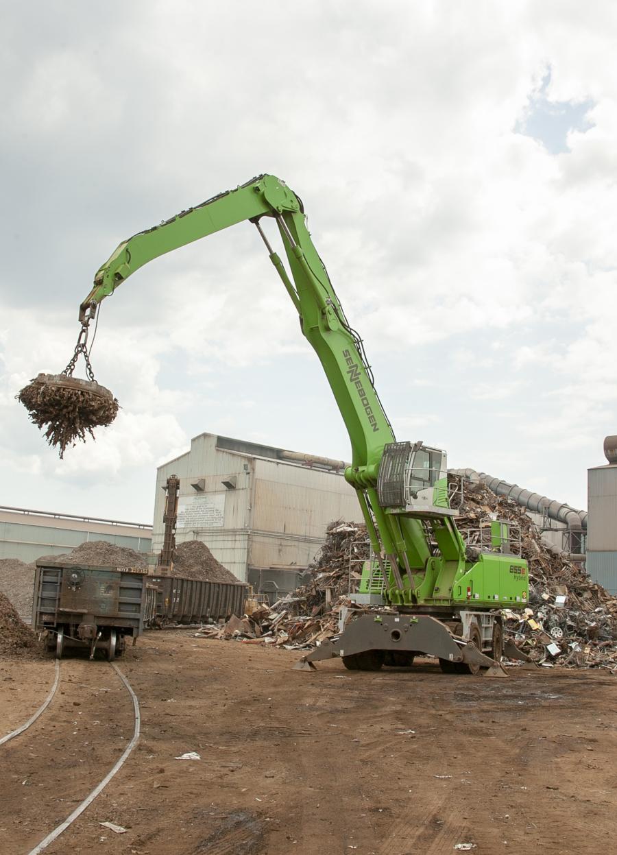 Nucor Birmingham trusts its Sennebogen scrap handler to keep the yard on pace to feed the mill with 4,000 tons of melt material every day.