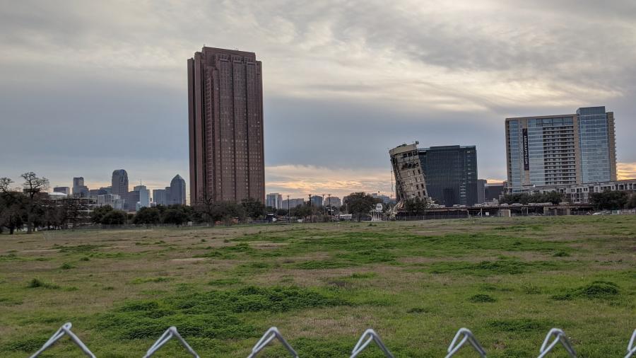 An 11-story building was supposed to be demolished on Feb. 16, but a part of the structure would not come down, which caused an internet and media sensation.
(Benjamin Bratcher photo)