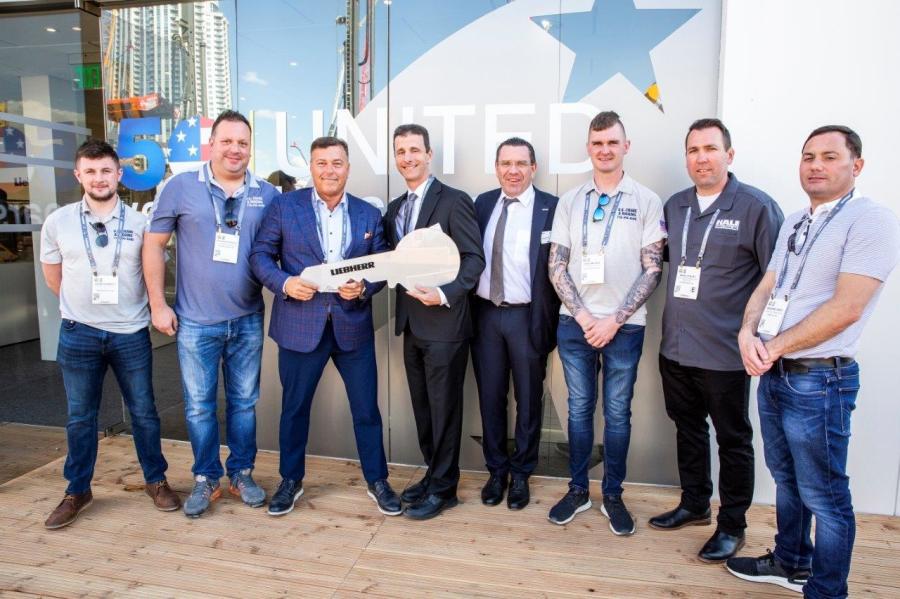 (L-R) are: Aiden Doherty, Richard Petrosa II and Thomas Auringer, all of  US Crane; James Rex and Christoph Kleiner, both of Liebherr; Declan Loye, US Crane; Marc Staley, Hale Trailer; and Massimo Greci, Gabriella Truck Sales.