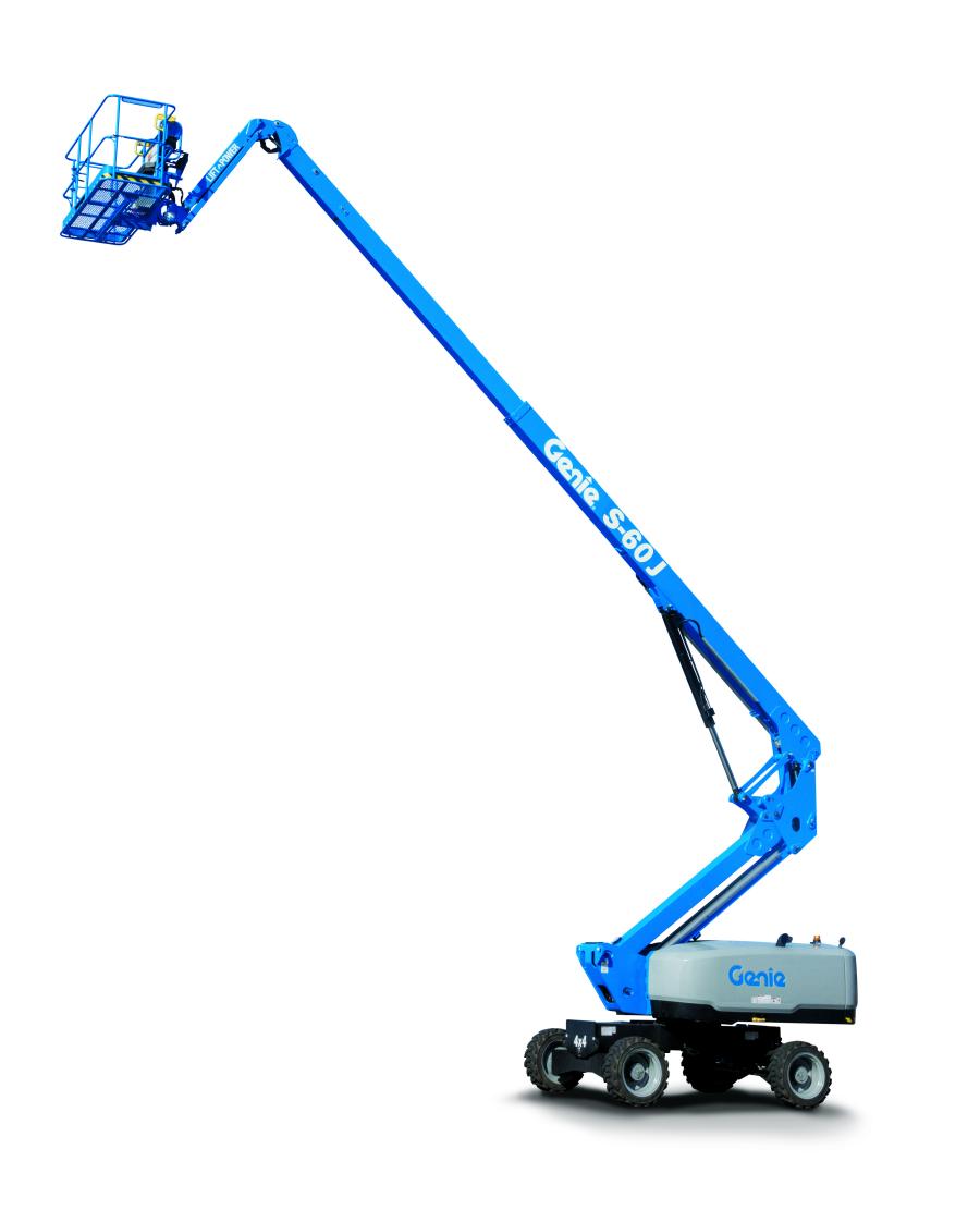 The Genie S-60 J telescopic boom offers the essential performance that operators need to get work done at height from a jibbed boom with an unrestricted platform capacity of 660 lb. (300 kg) with 6-ft. (1.8 m) jib, a low 16,650 lb. (7,550 kg) operating weight and compact chassis design, a platform height of 60 ft. 10 in. (18.5 m) and horizontal reach of 40 ft. 6 in. (12.3 m) and 1 ft. 10 in. (56.4 cm) of ground clearance to clear obstacles.