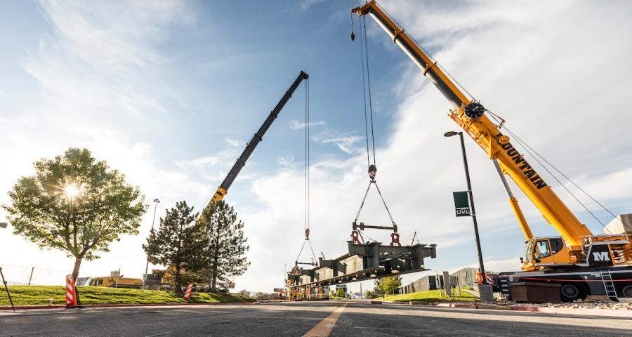 A steel beam was set in place on May 5. The pedestrian bridge at Utah Valley University will cover the expanse of Union Pacific and FrontRunner train tracks and I-15.
(UVU photo)