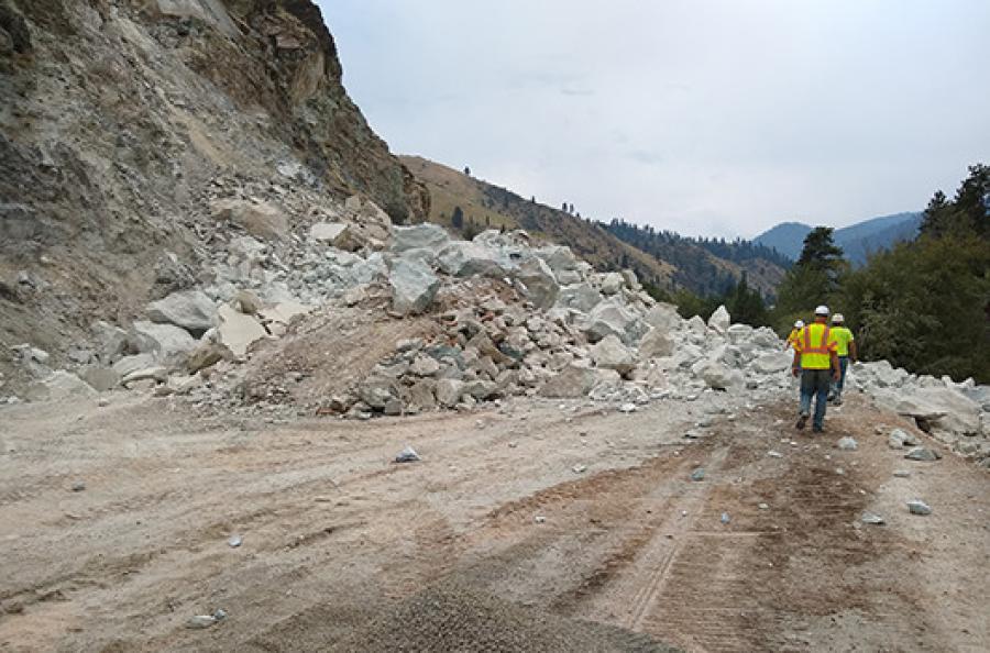 Drilling is the first step in the process of safely removing material from the slope. An estimated 14,000 cu. yds. will be removed by dynamite in one blast.