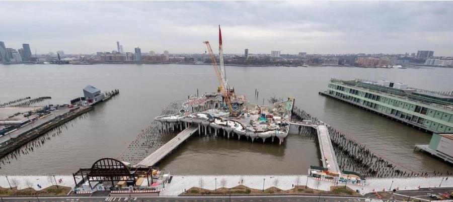 Little Island’s supporting structure is made up of concrete piles rising up from the Hudson River, emerging from in between the leftover wood piles of Pier 54 and Pier 56, which were largely preserved to maintain habitats for aquatic life. (Little Island photo)