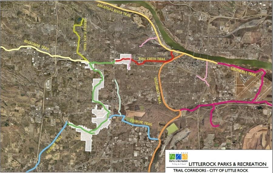 Overview of planned shared-use path corridors within the city of Little Rock. The Tri-Creek Greenway is the green trail.