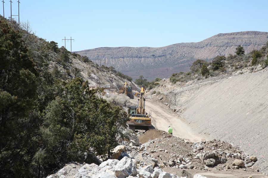 Construction crews from Aggregate Industries-SWR Inc. needed 58 blasting events to get through stubborn bedrock on the SR 160 project in Nevada.