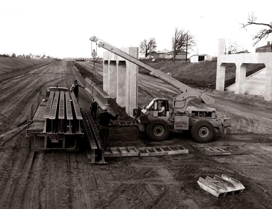 An Austin-Western hydraulic crane owned by Truck Crane Service Company unloads 32-ft., 1-ton bridge beams during construction of U.S. 65 near Minneapolis, Minn., in 1957. Austin-Western developed the first hydraulic crane, nicknamed the “Anteater,” for military service in World War II, and Grove Manufacturing perfected the industrial hydraulic crane in 1952.
(Austin-Western Division of Baldwin-Lima-Hamilton photograph, HCEA Archives)