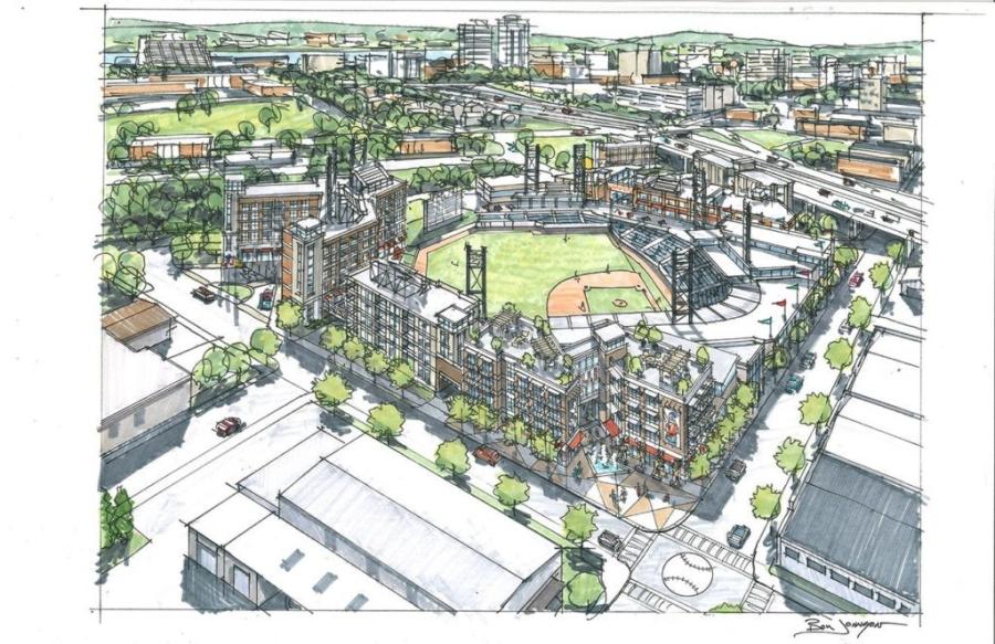 The $65 million stadium would be the anchor for a proposed $142 million mixed-use development in Knoxville’s Old City area. (Tennessee Smokies rendering)
