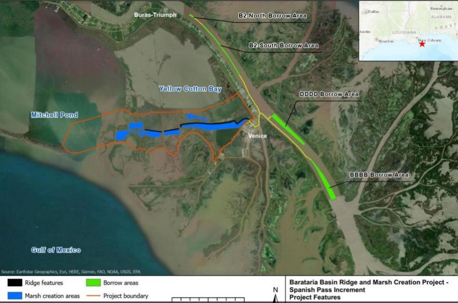 The proposed fiscal year 2022 coastal restoration and protection annual plan includes $75 million fo reconstruction of the Spanish Pass ridge and marsh creation project in the Barataria Basin in Plaquemines Parish. (Louisiana Trustee Implementation Group photo)