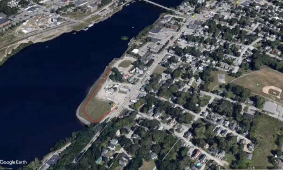 Location of the planned 300-yard extension of the Brewer Riverwalk, outlined in red. (Maine Department of Transportation photo)