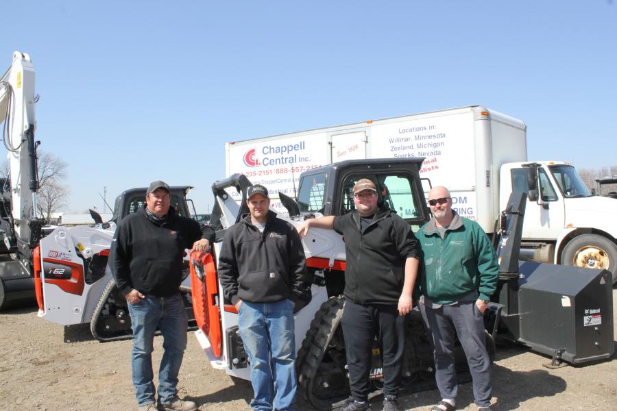 (L-R) are Dan Ronning, general manager of Farm-Rite of Wilmar; Justin Kidrowski, owner of Arcs and Sparks Electrical Contracting of Spicer, Minn.; and Logan and Patrick Boyle, father and son owners of Minnesota Sealcoat and Asphalt, New London, Minn.
