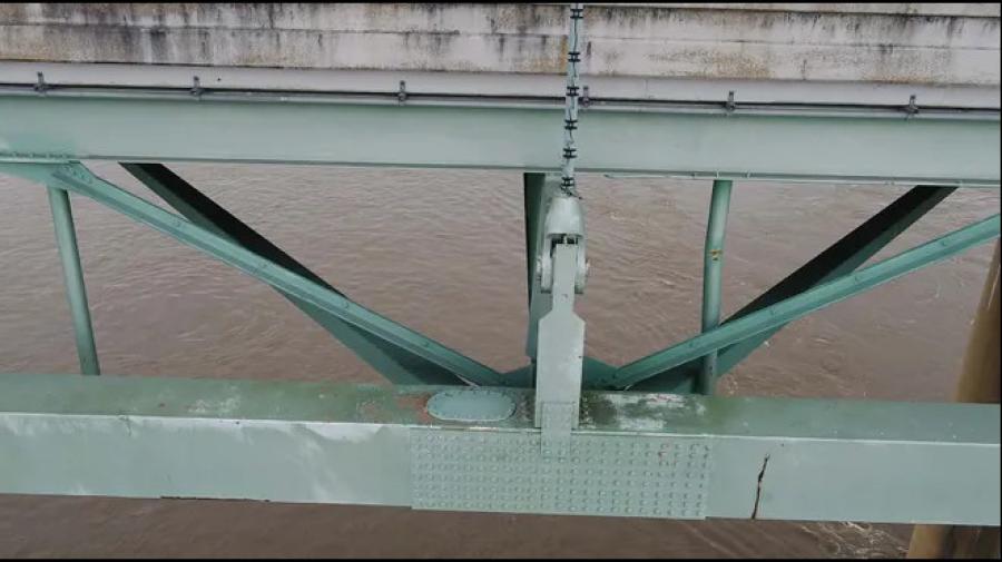 This photo, pulled from 2019 drone footage according to the Arkansas Department of Transportation, shows the fracture as it appeared at the time. Subsequent photos taken in 2021 show the fracture had expanded and caused extensive damage to the beam. (Arkansas Department of Transportation photo)