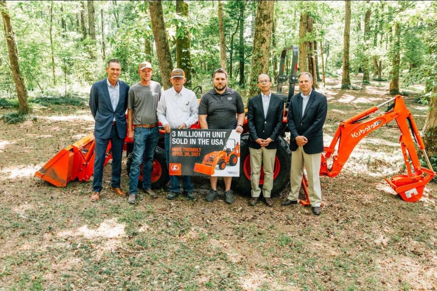 At the three millionth unit ceremony (L-R) are Todd Stucke, Kubota SVP of marketing, product support and strategic projects; Ben Grady and Clegg Grady of Kenansville Equipment Company; customer Mike Trombly; Harry Yoshida, president and CEO of Kubota North America and Kubota Tractor Corporations; and Alex Woods, Kubota SVP of sales operations, supply chain and parts.