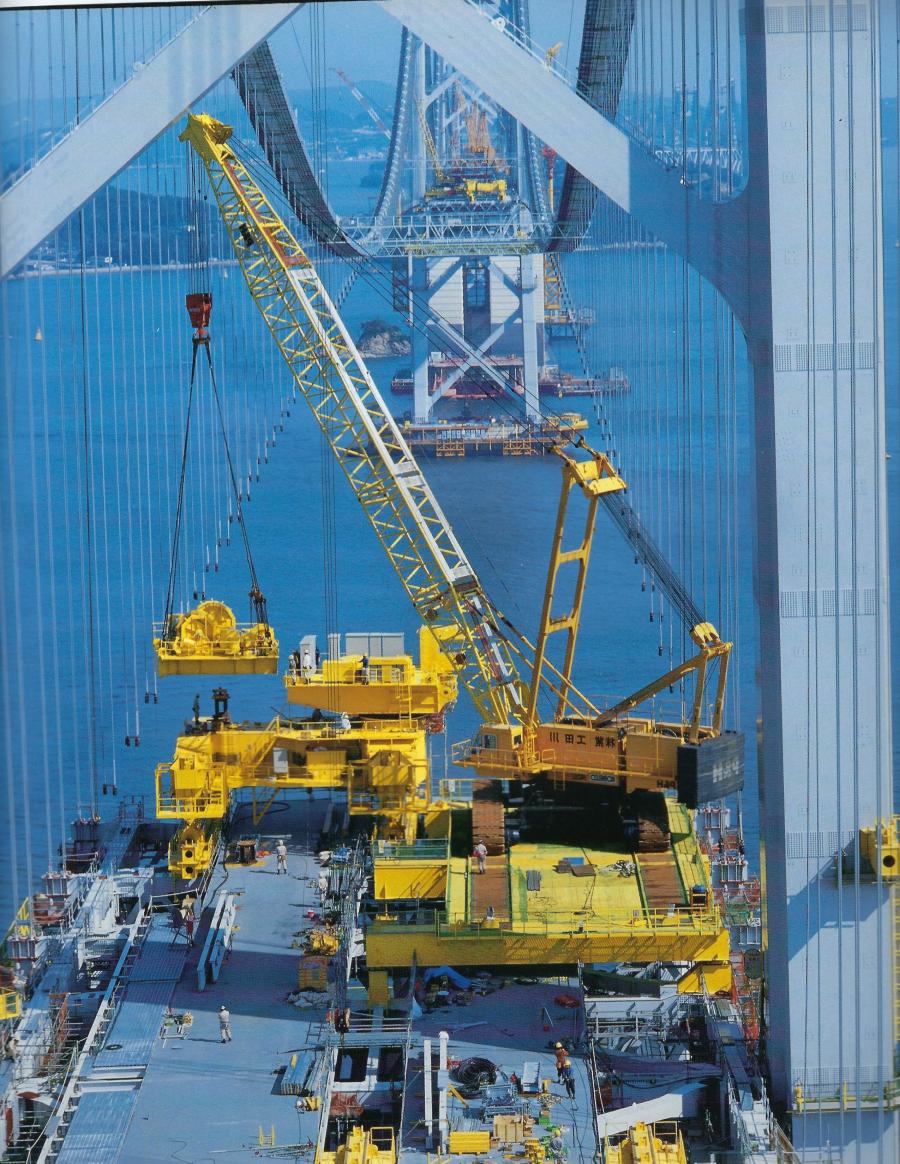 P & H cranes were marketed in Japan through Kobelco. This one is working on a suspension bridge. 
(Graham Brent Paper, HCEA Archives photo)
