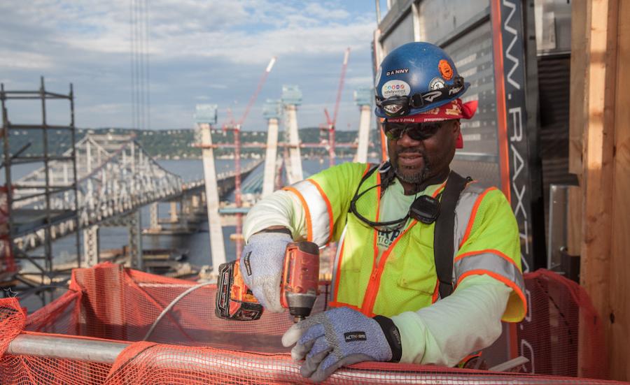 An ironworker during an early phase of the Mario Cuomo bridge construction in New York. (New York State Thruway Authority photo)