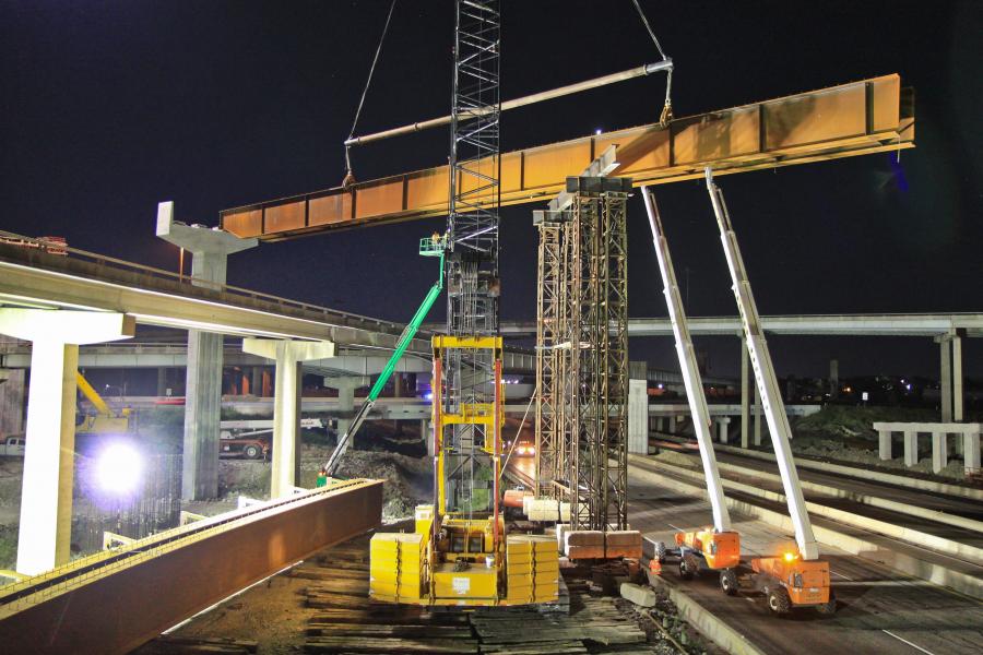 Crews from Fluor Corporation have placed the first 1.5-million-lbs. of steel girders along I-635 for the 635 East Project in Dallas, Texas. This installation is part of construction for one of the new direct connectors located at the project’s southeast end.