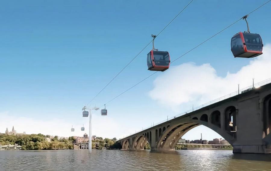 A 2016 study projected a gondola would allow people to travel more quickly between Washington and Virginia, and would serve at least 6,500 passengers a day. (Georgetown BID rendering)