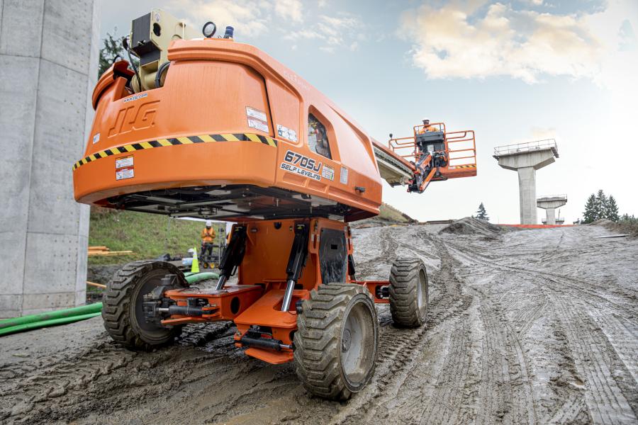 The JLG 670SJ self-leveling boom lift offers a 73-ft. work height and 57-ft. of horizontal reach, with 550-lb. unrestricted and 750-lb. restricted capacities.