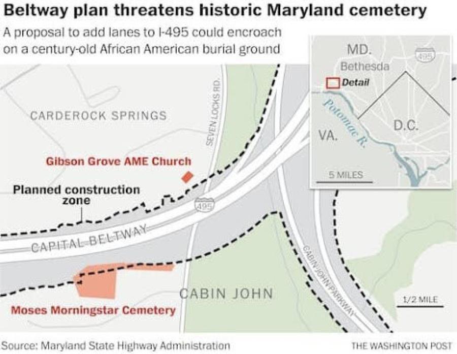 The potential for graves atop a grassy embankment along the Beltway’s Inner Loop prompted state officials to shift the project’s “limits of disturbance” to spare the area, said Julie M. Schablitsky, chief archaeologist of the Maryland Department of Transportation. (Maryland State Highway Administration map)