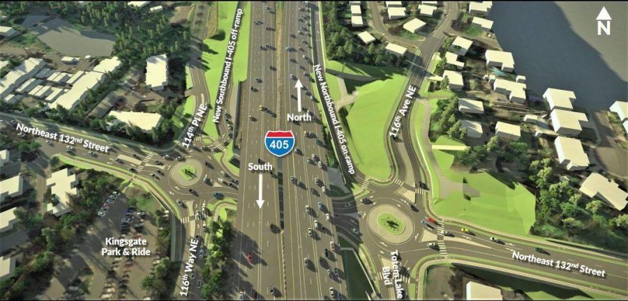This project will build a half-diamond interchange at Northeast 132nd Street, which will include a new on-ramp to northbound I-405 and a new off-ramp from southbound I-405.