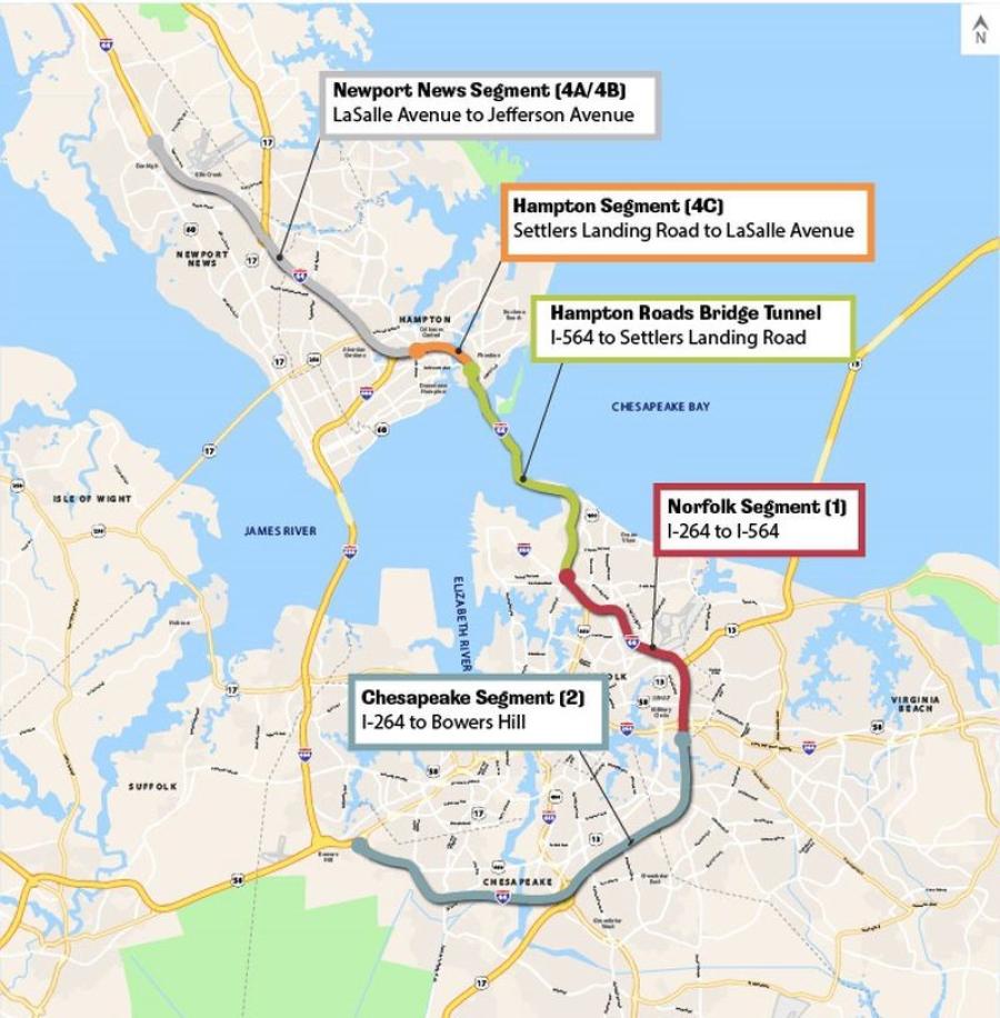 A map of where VDOT's express toll lanes are located in Hampton Roads. (Virginia Department of Transportation image)