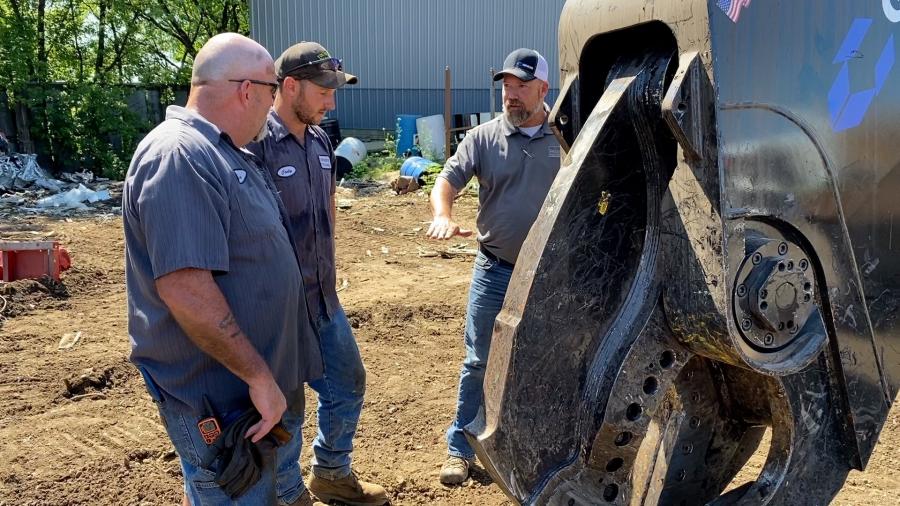 Road Machinery & Supplies Co. Territory Manager Joel Werthmann (R) goes over the finer points of a Genesis GXT 555R mobile shear with Tournier’s Recycling President Dean Tournier (L) and Vice President Cody Tournier.