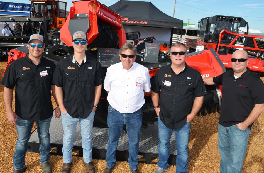 At the Prinoth exhibit area, dealer representatives joined the manufacturer for promoting the line. (L-R) are Ryan McKenzie and Rylee McKenzie, both of Quality Equipment & Parts, Lake City, Fla; Frank Hollowell of Prinoth; Randy McKenzie of Quality Equipment & Parts; and John DalBianco of Prinoth.   
