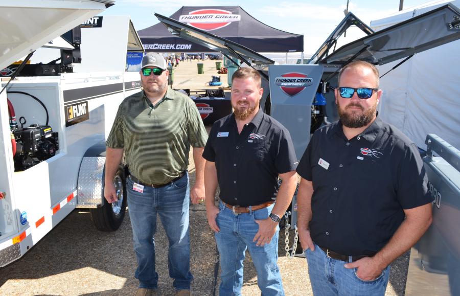 (L-R): Flint Equipment recently took on the Thunder Creek Equipment line, and Eddie Claxton of Flint Equipment was out representing the machines with Thunder Creek’s Clayton Michael-Butler and Steven Ile. 
