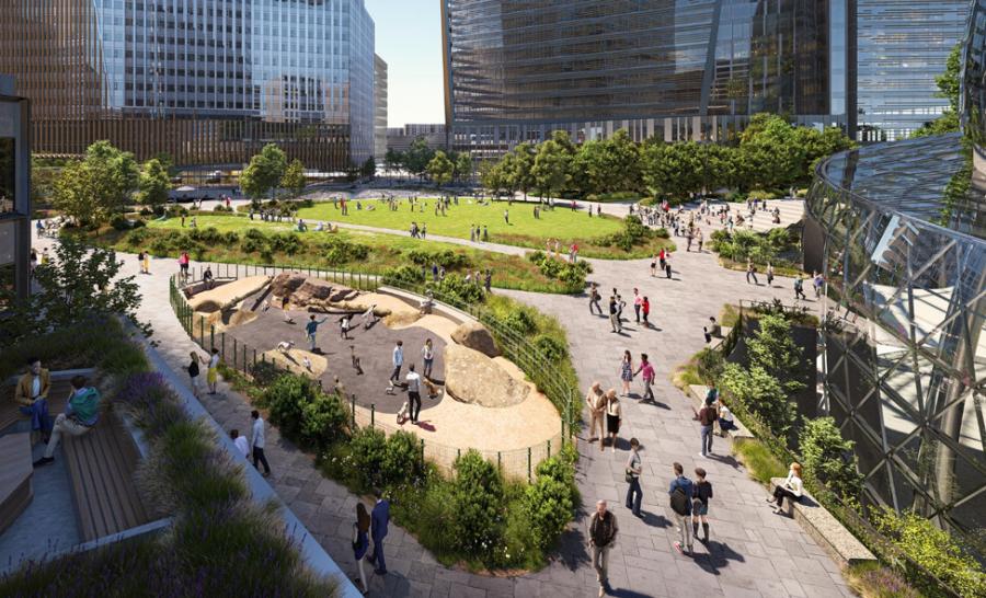 The Amazon HQ2 site in Arlington, Va., will include ample local vegetation and broad walkways — even a dog park.