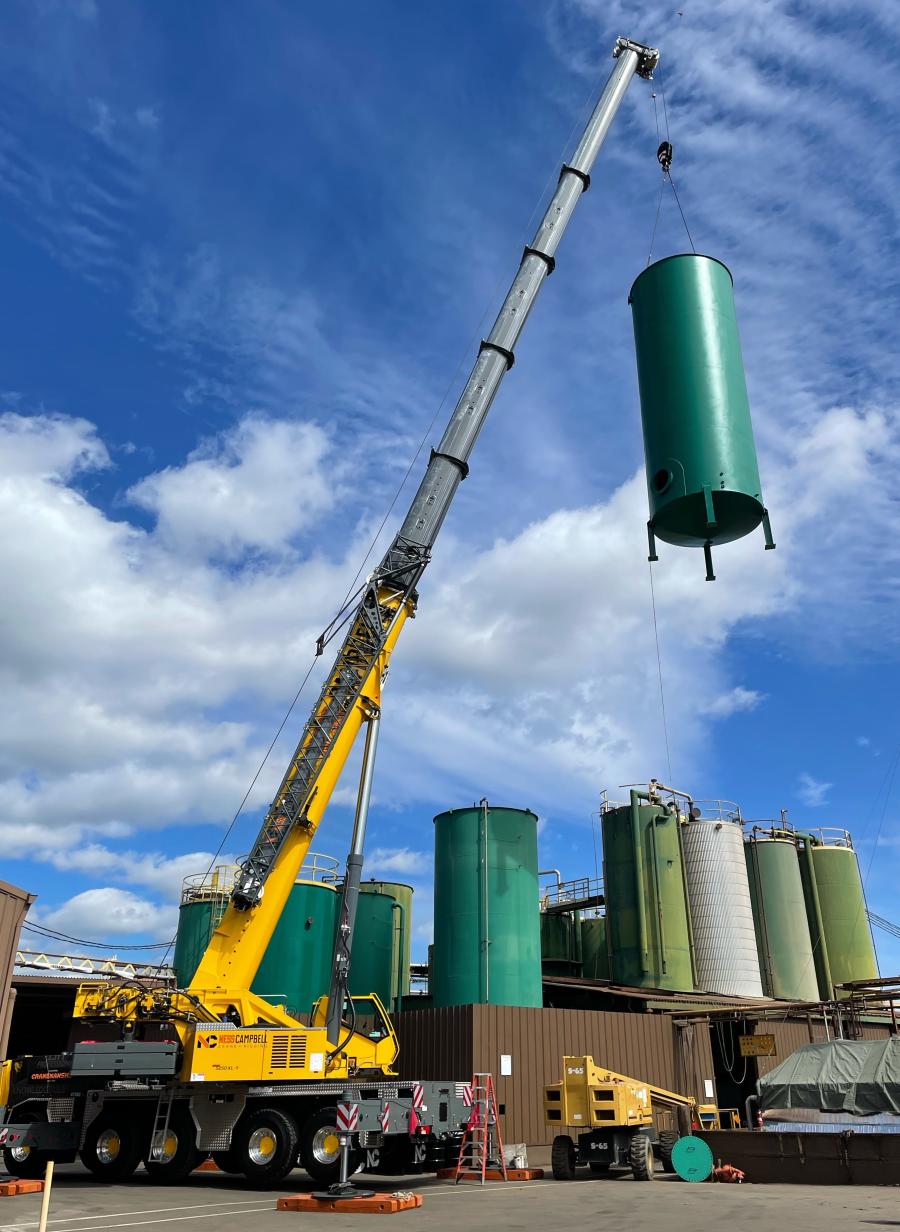 The crane’s first job involved lifting and placing 26,000 lb. metal structures at a power plant just outside Sheridan, Ore. For this project job, the GMK5250XL-1 was fitted with 57,000 lbs. of counterweight and 131 ft. of boom at a 60 ft. radius.