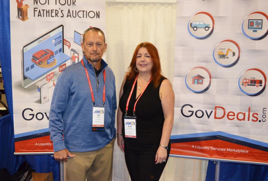 Promoting the company’s overall services for the public works sector during the expo are GovDeals.com’s Les Bailey (L) and Rose O’Boyle.
