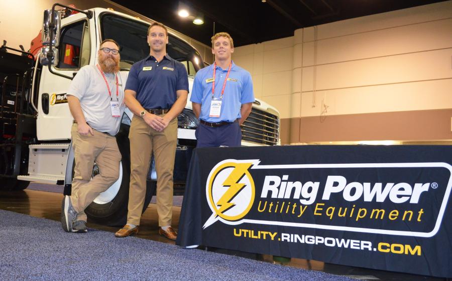 Ring Power Utility Equipment Division nationally sells and services the Palfinger M100L-72 grapple mounted on a Freightliner M2. Helping to promote the product (L-R) are Matt Shelley, Greg Allegro and Thomas Jackson.